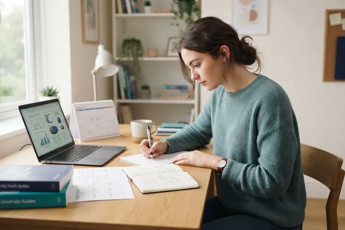 Illustration of a sixth-form student reviewing medicine application notes at a desk