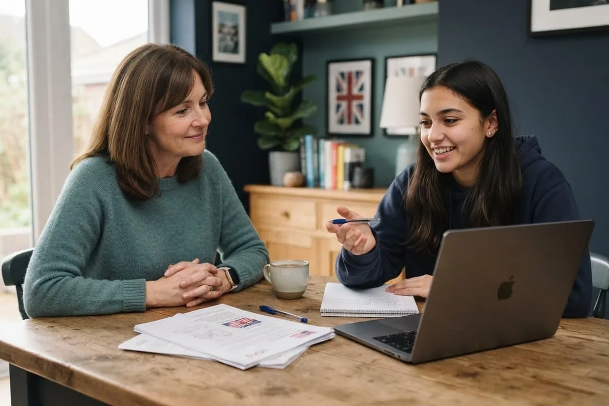 Illustration of a student and parent discussing university plans at a table